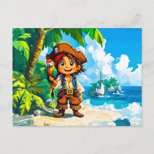 Young Adventurer auf Schatzinsel mit Papagei Postkarte (Vorderseite)