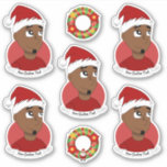 Young Black man Christmas Cartoon Sticker<br><div class="desc">Set von sieben Vinyl-Aufklebern mit einer Illustration eines glücklichen,  lächelnden jungen Afroamerikaners,  der einen roten Weihnachtshut trägt,  auf rotem Hintergrund; fünf Aufkleber des Mannes und zwei Aufkleber mit einem Weihnachtskranz; mit einer anpassbaren Textvorlage für Ihren Namen oder Ihre Nachricht</div>