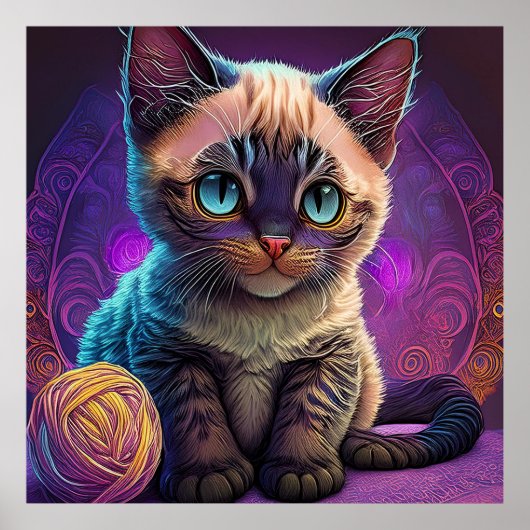 Young Blue Eyed Kitten With Ball Of Yarn Poster (Vorne)