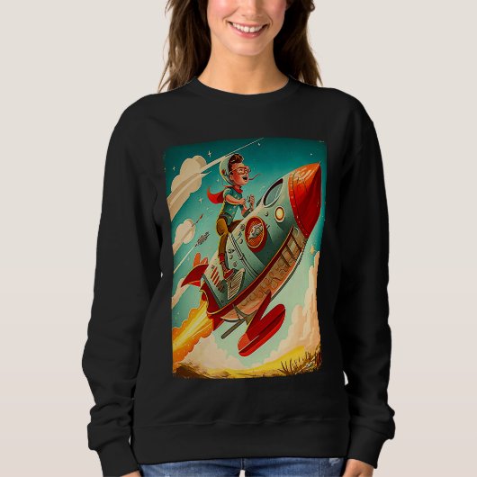 Young Boy Pilot Riding Rocket Race Space Old Imagi Sweatshirt (Vorderseite)
