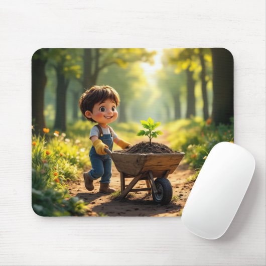 Young Boy Pushing a Wheelbarrow Mousepad (Mit Mouse)