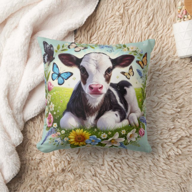 Young Calf mit Blumenreath und Schmetterlingen Kissen (Decke)