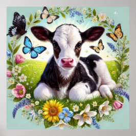Young Calf mit Blumenreath und Schmetterlingen Poster