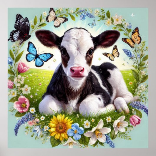 Young Calf mit Blumenreath und Schmetterlingen Poster (Vorne)