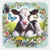 Young Calf mit Blumenreath und Schmetterlingen Quadratischer Aufkleber (Vorderseite)