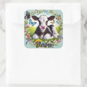 Young Calf mit Blumenreath und Schmetterlingen Quadratischer Aufkleber (Tasche)