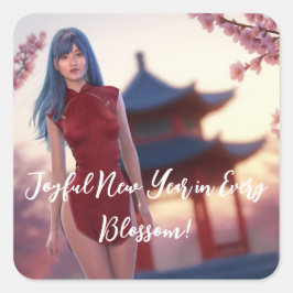 Young Cheongsam Beauty Posing für chinesisches Neu Quadratischer Aufkleber