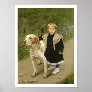 Young Child and a Big Dog (oil on canvas) Poster