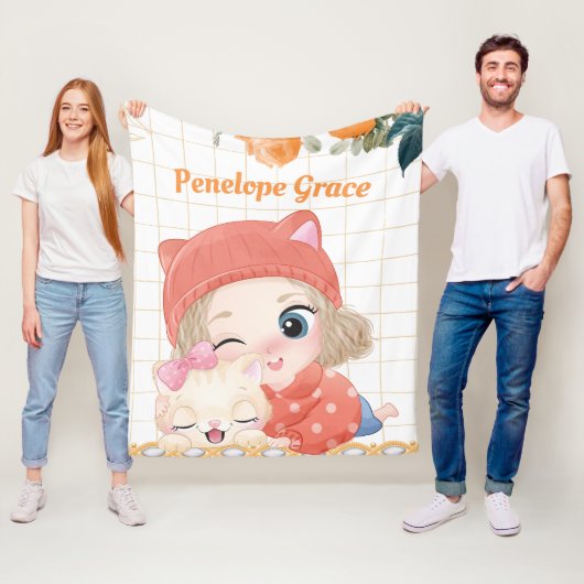 Young Girl and Cat Orange Rose + Individuelle Name Fleecedecke (Beispiel)
