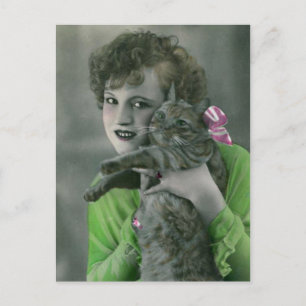 Young Girl and Cat Vintag Glamour Foto Postkarte