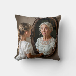 Young Girl Blick auf Old Lady Reflection Kissen