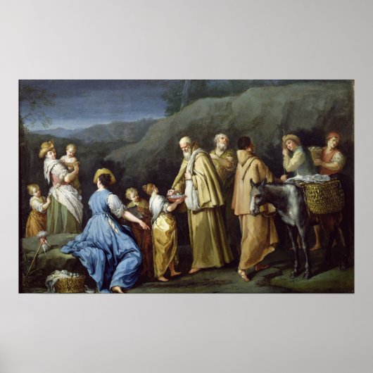 Young Girl, das einer Gruppe von Mönchen Eier anbi Poster (Vorne)