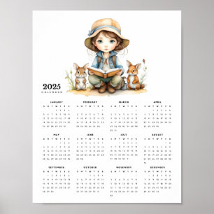 Young Girl in Hat Reading to Rabbits 2025 Calendar Poster