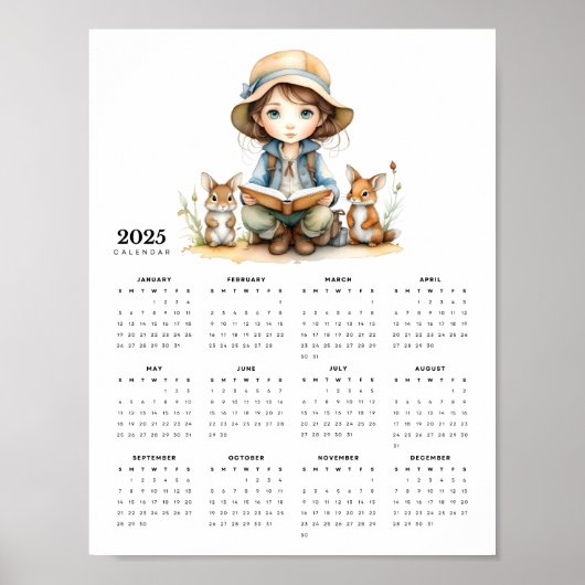 Young Girl in Hat Reading to Rabbits 2025 Calendar Poster (Vorne)