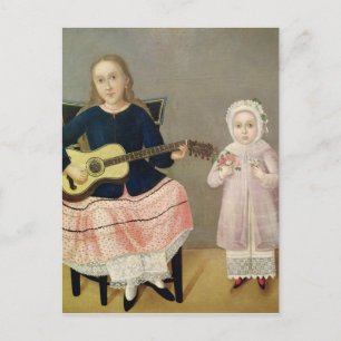 Young Girl mit Gitarre und Kind mit Postkarte