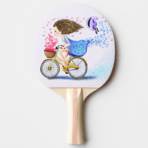 Young Girl on a Bike Ping Pong Paddle Liebe Tischtennis Schläger