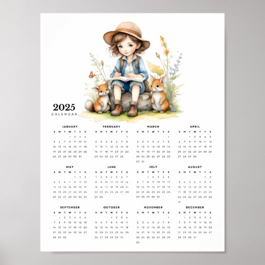Young Girl Reading a Book to Rabbits 2025 Calendar Poster (Vorne)