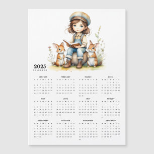 Young Girl Reads to Rabbits 2025 Magnetic Calendar Magnetkarte
