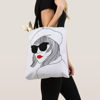 Young Girl Red Lips Sonnenbrille Französischer Hut Tasche
