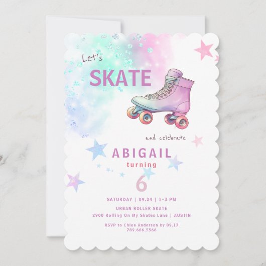 Young Girl Roller Skaten Birthday Party Einladung (Vorderseite)