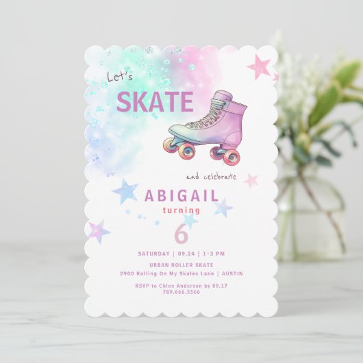 Young Girl Roller Skaten Birthday Party Einladung (Stehend Vorderseite)