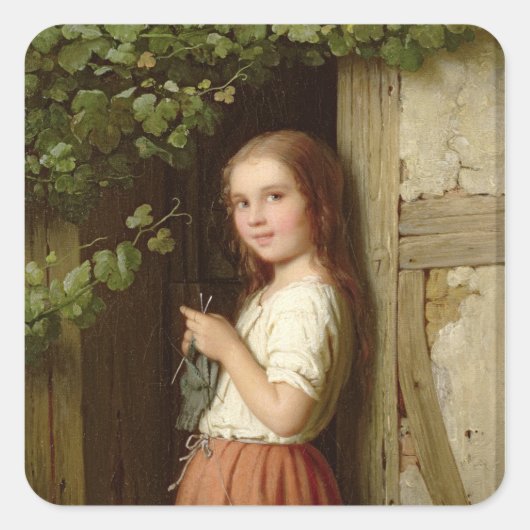 Young Girl Stehend in a Doorway Knitting, 1863 Quadratischer Aufkleber (Vorderseite)