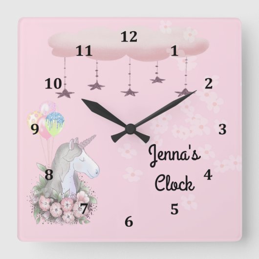Young Girls Wall Clock mit Unicorn Quadratische Wanduhr (Vorderseite)