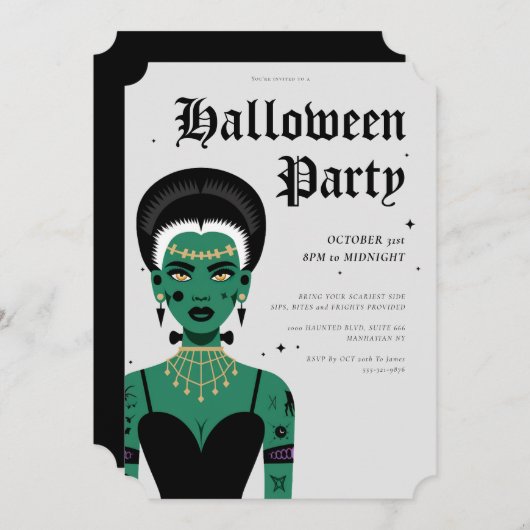Young Goth Bride von Frankenstein Halloween-Party Einladung (Vorne/Hinten)