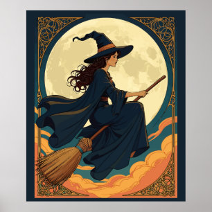 Young Hexe Sat Astride A Besom Art Nouveau Style Poster