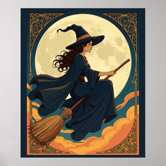 Young Hexe Sat Astride A Besom Art Nouveau Style Poster (Vorne)