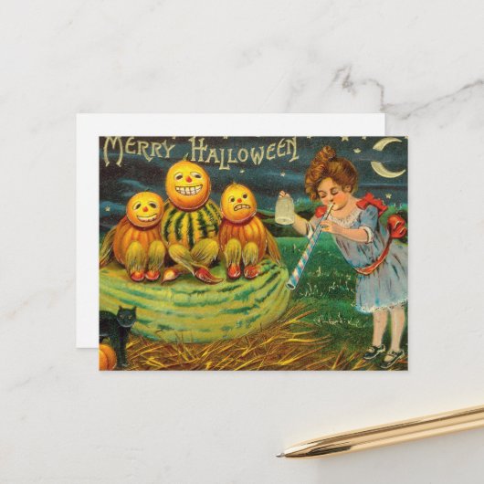 Young Hexe's Brew: Pumpkin Men on Magick Altar Postkarte (Vorderseite/Rückseite Beispiel)