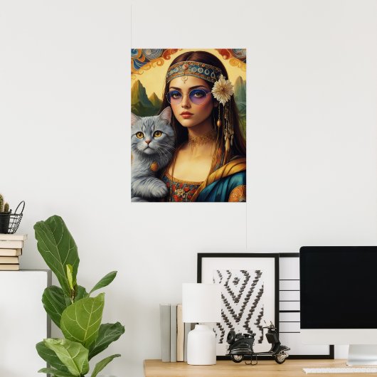 Young Hippie Mona Lisa und ihre graue Katze Poster (Heimbüro)