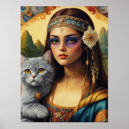 Young Hippie Mona Lisa und ihre graue Katze Poster