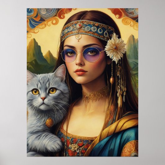 Young Hippie Mona Lisa und ihre graue Katze Poster (Vorne)