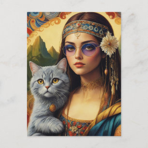 Young Hippie Mona Lisa und ihre graue Katze Postkarte