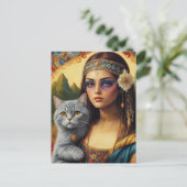 Young Hippie Mona Lisa und ihre graue Katze Postkarte (Stehend Vorderseite)