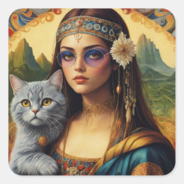 Young Hippie Mona Lisa und ihre graue Katze Quadratischer Aufkleber