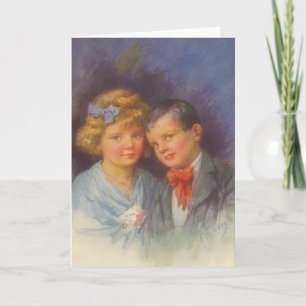 Young Love, Vintage Girl & Boy Valentine Portrait Feiertagskarte
