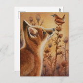 Young Red Fox & Carolina Wren Bird Wasserfarbe Kun Postkarte (Vorne/Hinten)