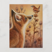 Young Red Fox & Carolina Wren Bird Wasserfarbe Kun Postkarte (Vorderseite)