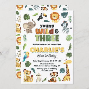Young Wild & 3 Safari Zoo Tier Geburtstagsparty Einladung