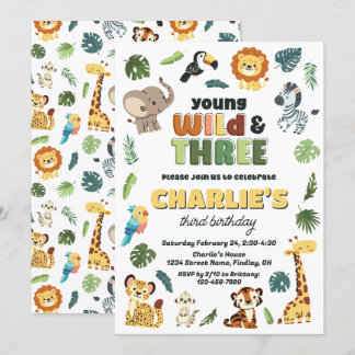Young Wild & 3 Safari Zoo Tier Geburtstagsparty Einladung