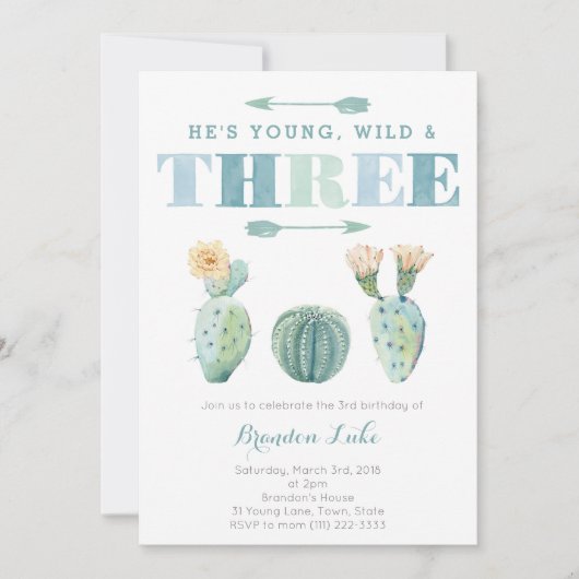 Young Wild and DREE Cactus 3rd Birthday Party Einladung (Vorderseite)