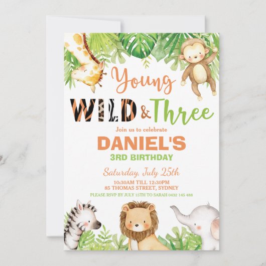 Young Wild and Three 3. Birthday Jungle Animals Einladung (Vorderseite)