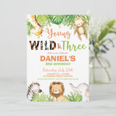 Young Wild and Three 3. Birthday Jungle Animals Einladung (Stehend Vorderseite)