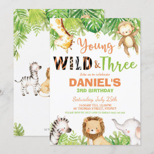 Young Wild and Three 3. Birthday Jungle Animals Einladung