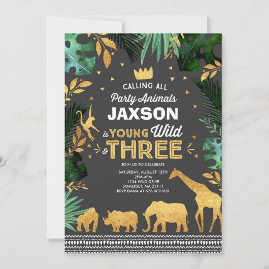 Young Wild and Three Birthday Einladungs Dschungel Einladung (Vorderseite)