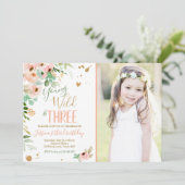 Young Wild and Three Birthday Floral Pink Gold Einladung (Stehend Vorderseite)