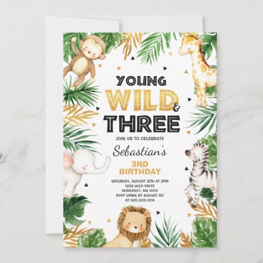 Young Wild and Three Birthday laden Safari Party e Einladung (Vorderseite)