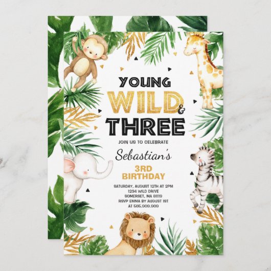 Young Wild and Three Birthday laden Safari Party e Einladung (Vorne/Hinten)